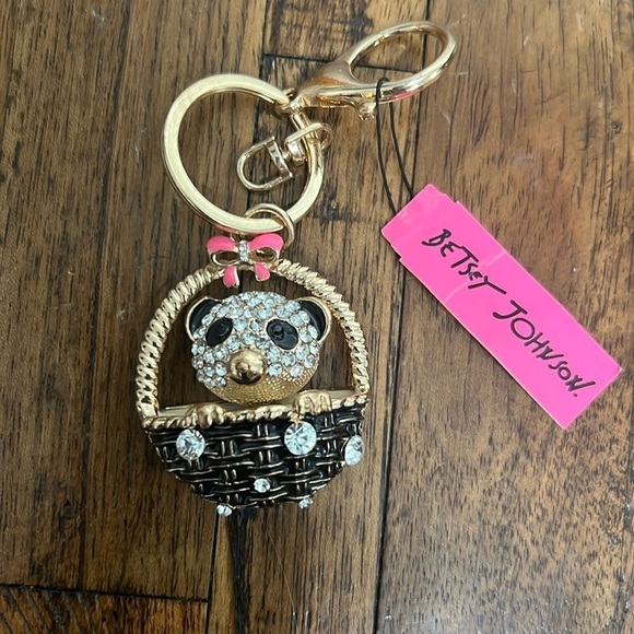 NWT Betsey Johnson Panda Bear in basket Charm Rhinestones Bag Handbag Keychain - Picture 3 of 8